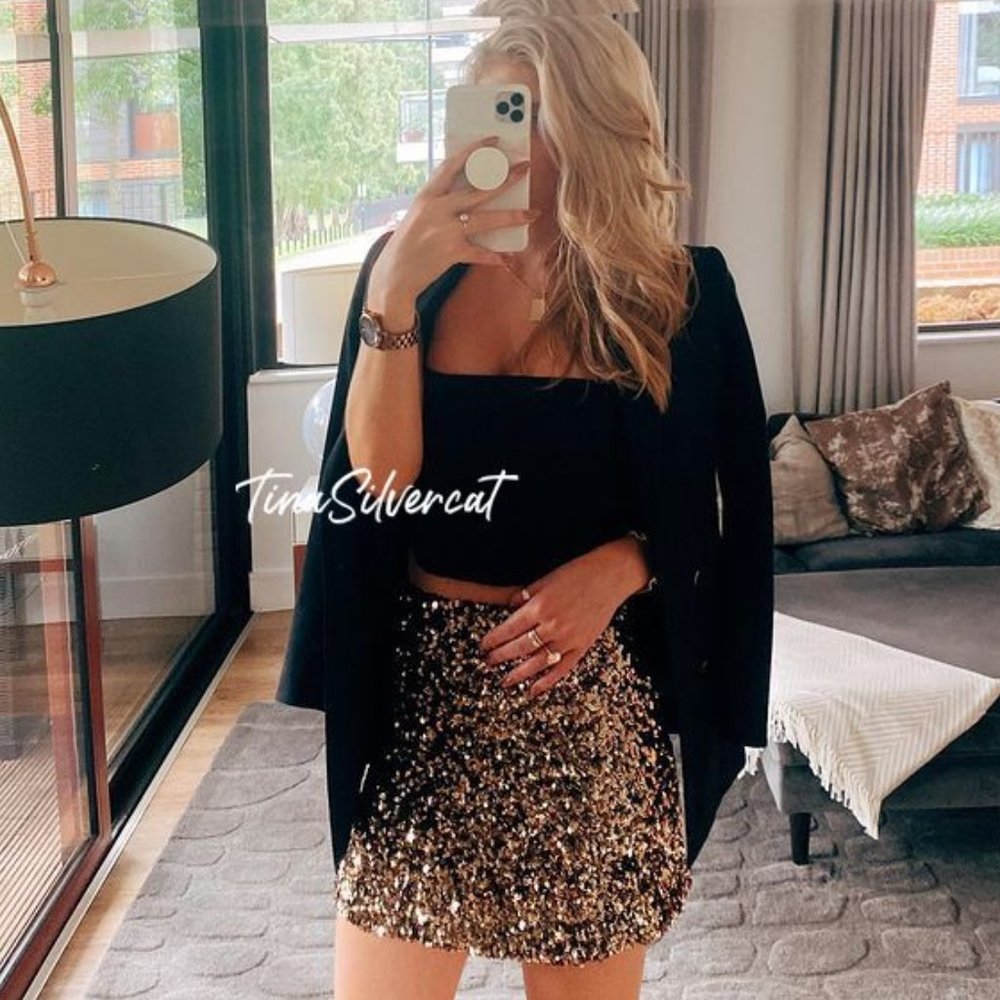 BLOGGER'S FAVE! Zara Gold Sequin High-Waisted Mini Skirt Sz XS & S XNWT_9